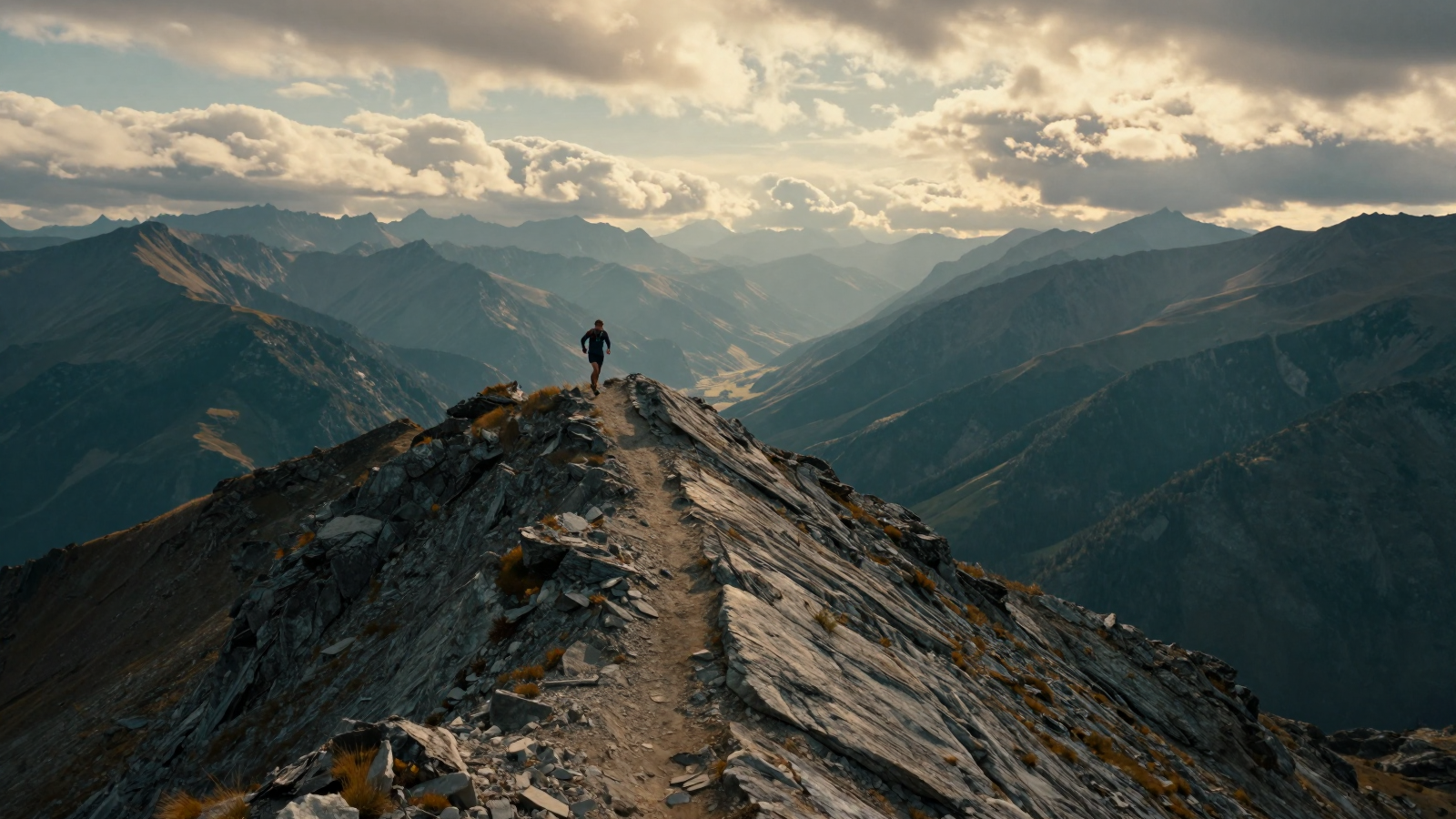 Lone Hiker on a Rocky Mountain Ridge at Sunset