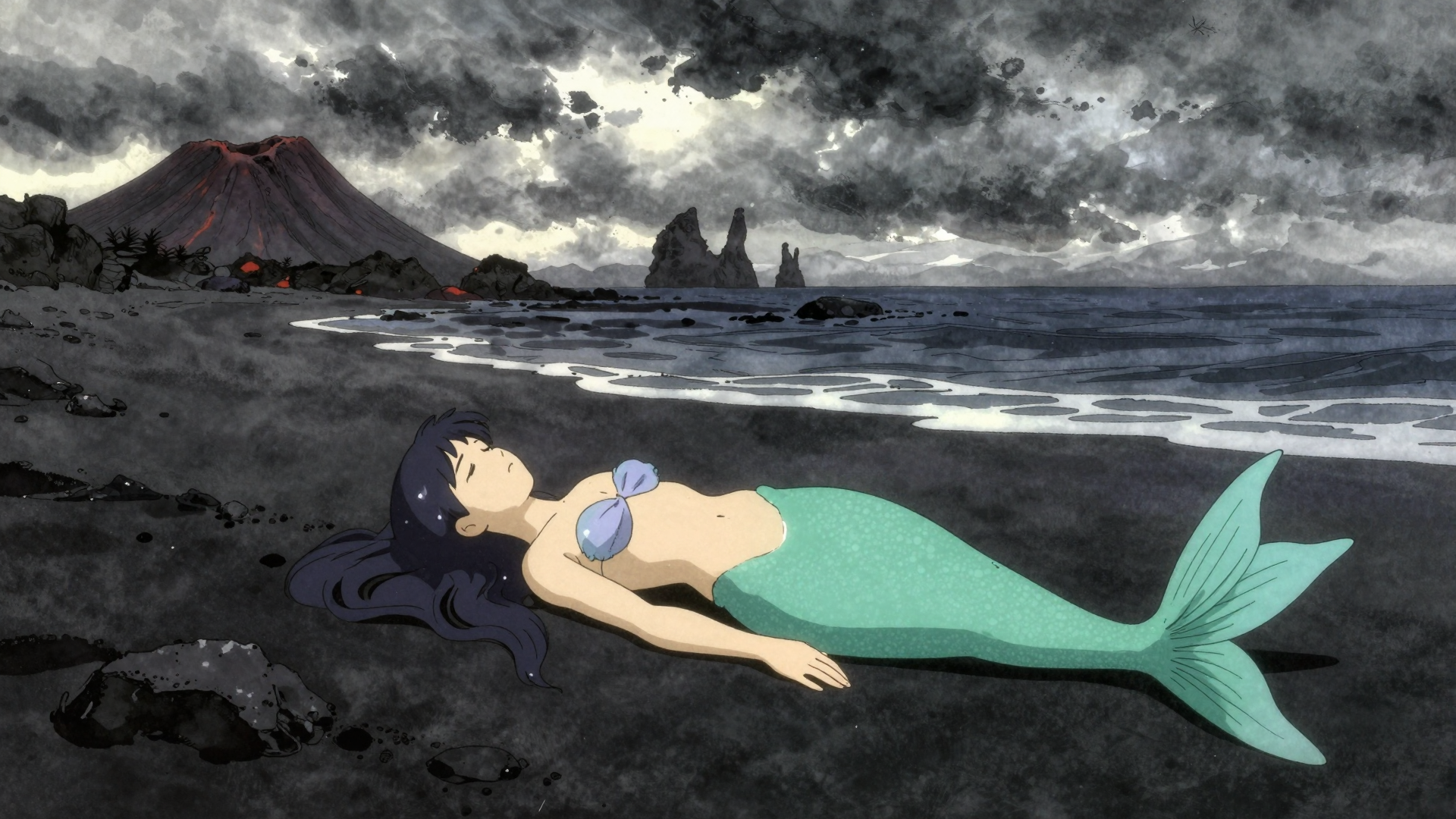 Mermaid Resting on a Dark Volcanic Shore Under Stormy Skies