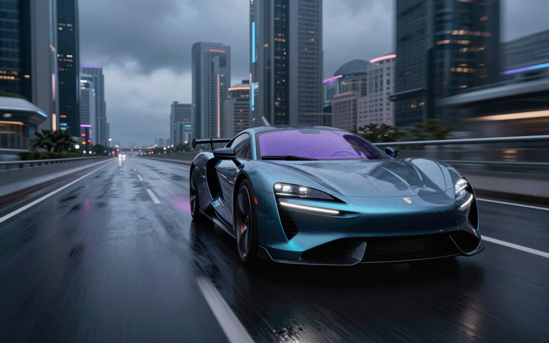 Futuristic Blue Sports Car Racing Through Rainy City Streets