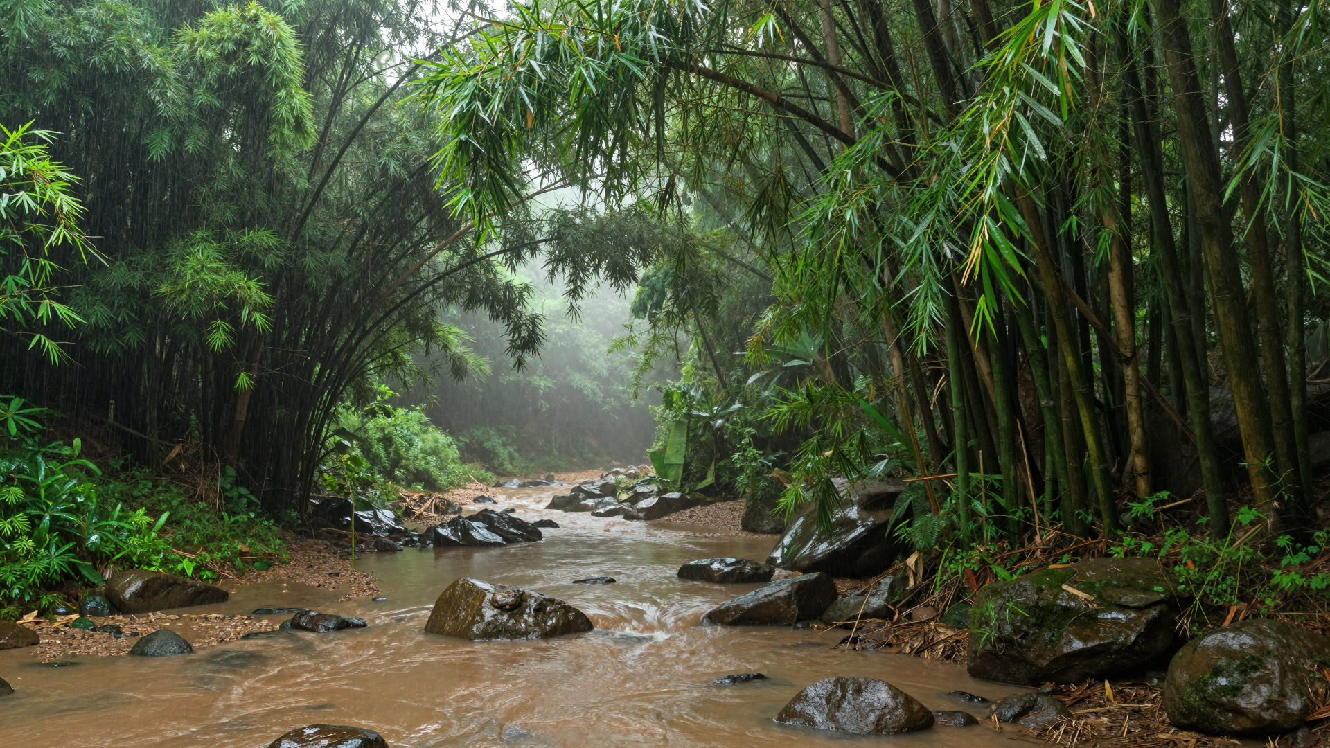 Misty Bamboo Forest Stream Flowing Over Mossy Rocks