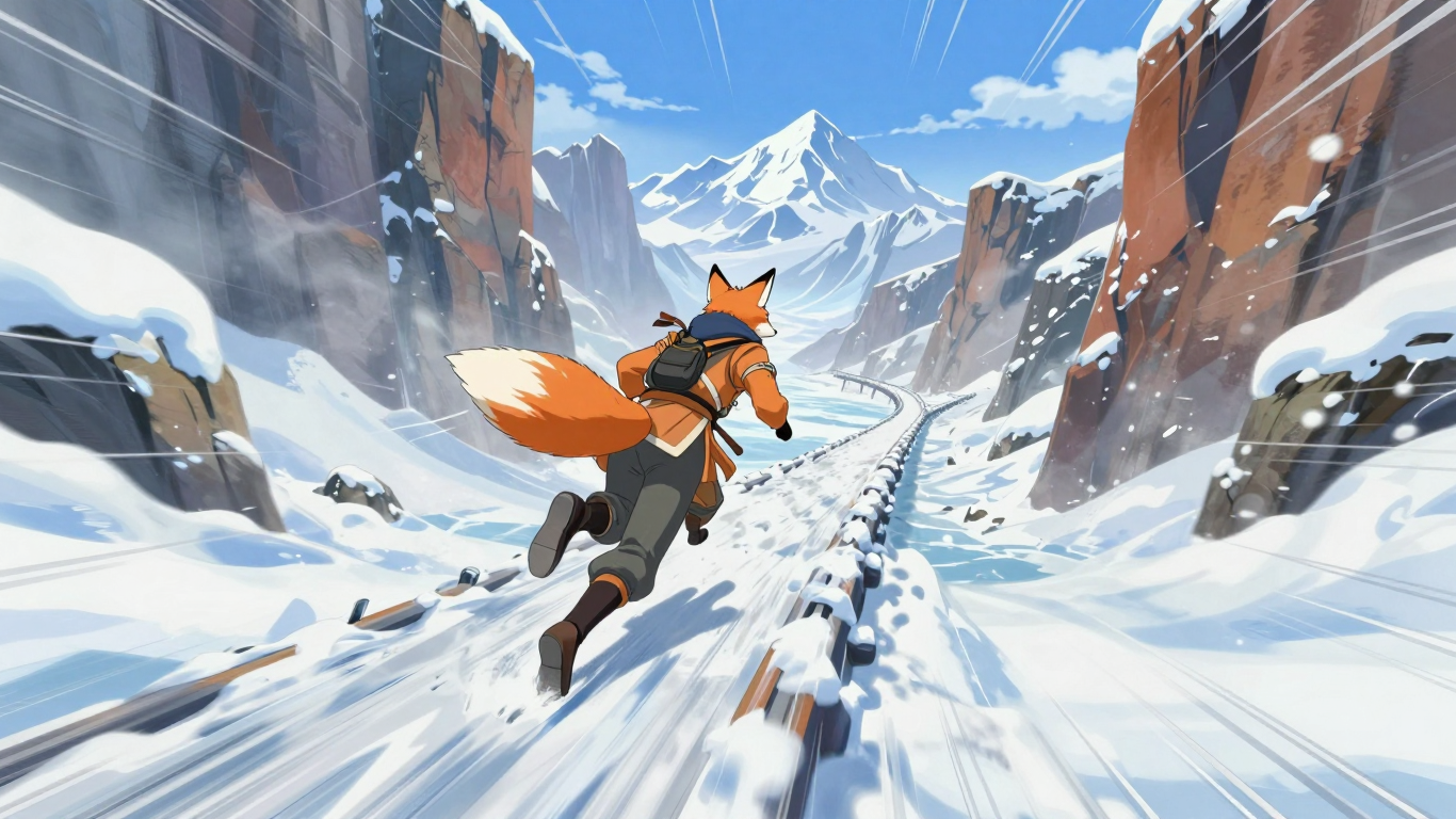 Fox Adventurer Racing Through a Snowy Mountain Pass