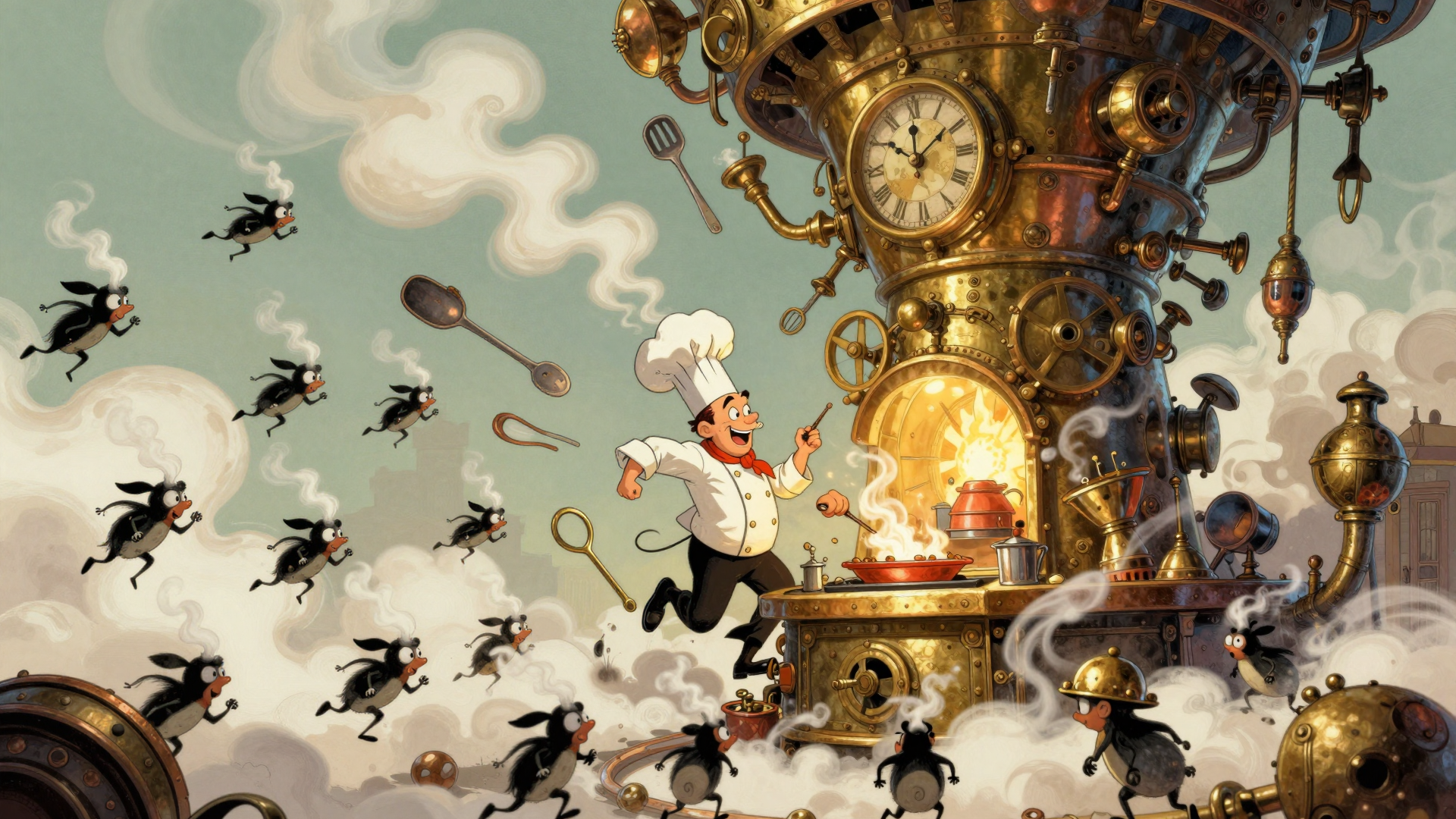 Whimsical Steampunk Kitchen Adventure with a Flying Chef and Creatures