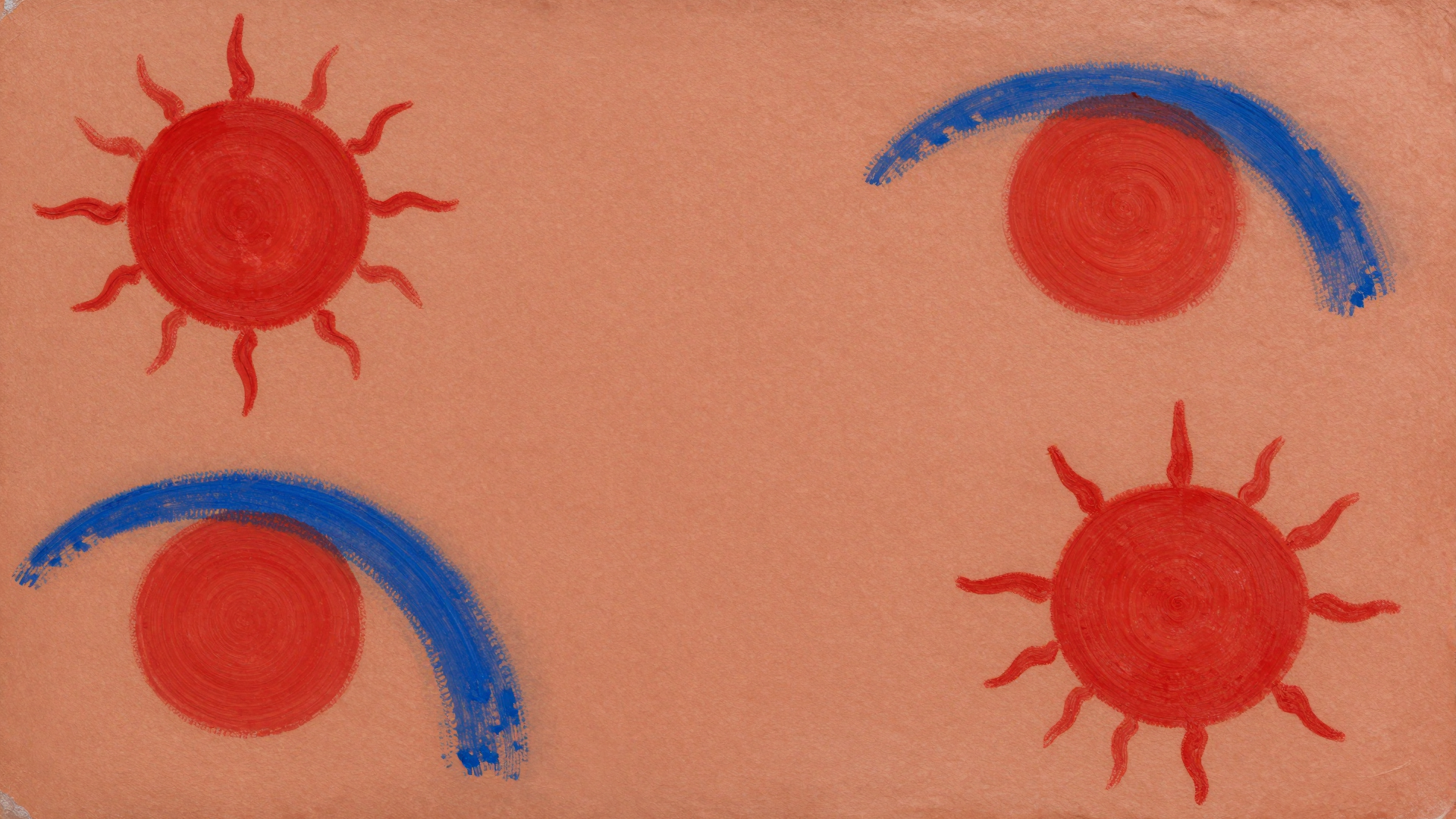 Abstract Red Sun Symbols with Blue Arcs on Terracotta Background