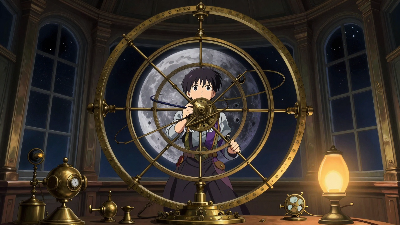 Anime Boy Operating a Giant Brass Astronomical Clock Under Moonlight