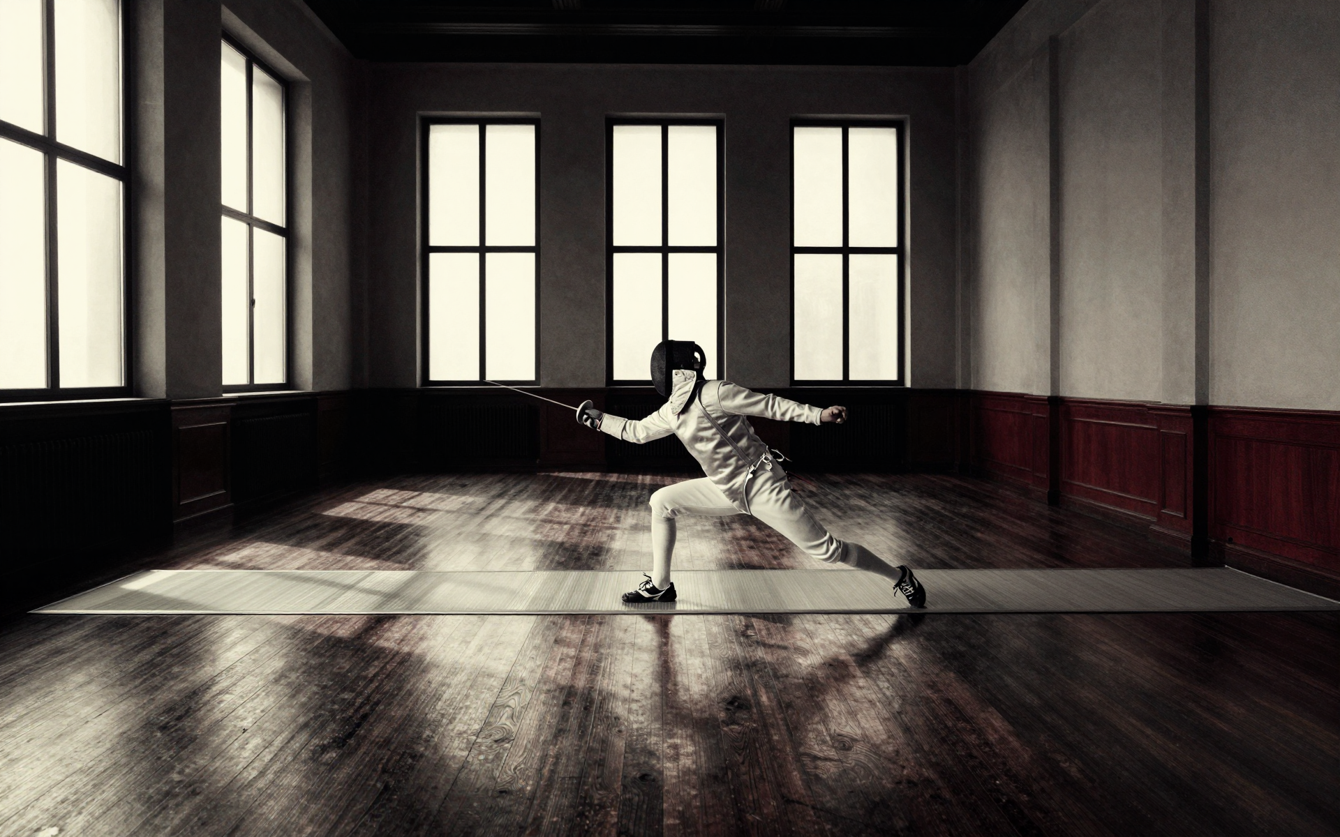 Fencer Practicing in a Sunlit Vintage Training Hall