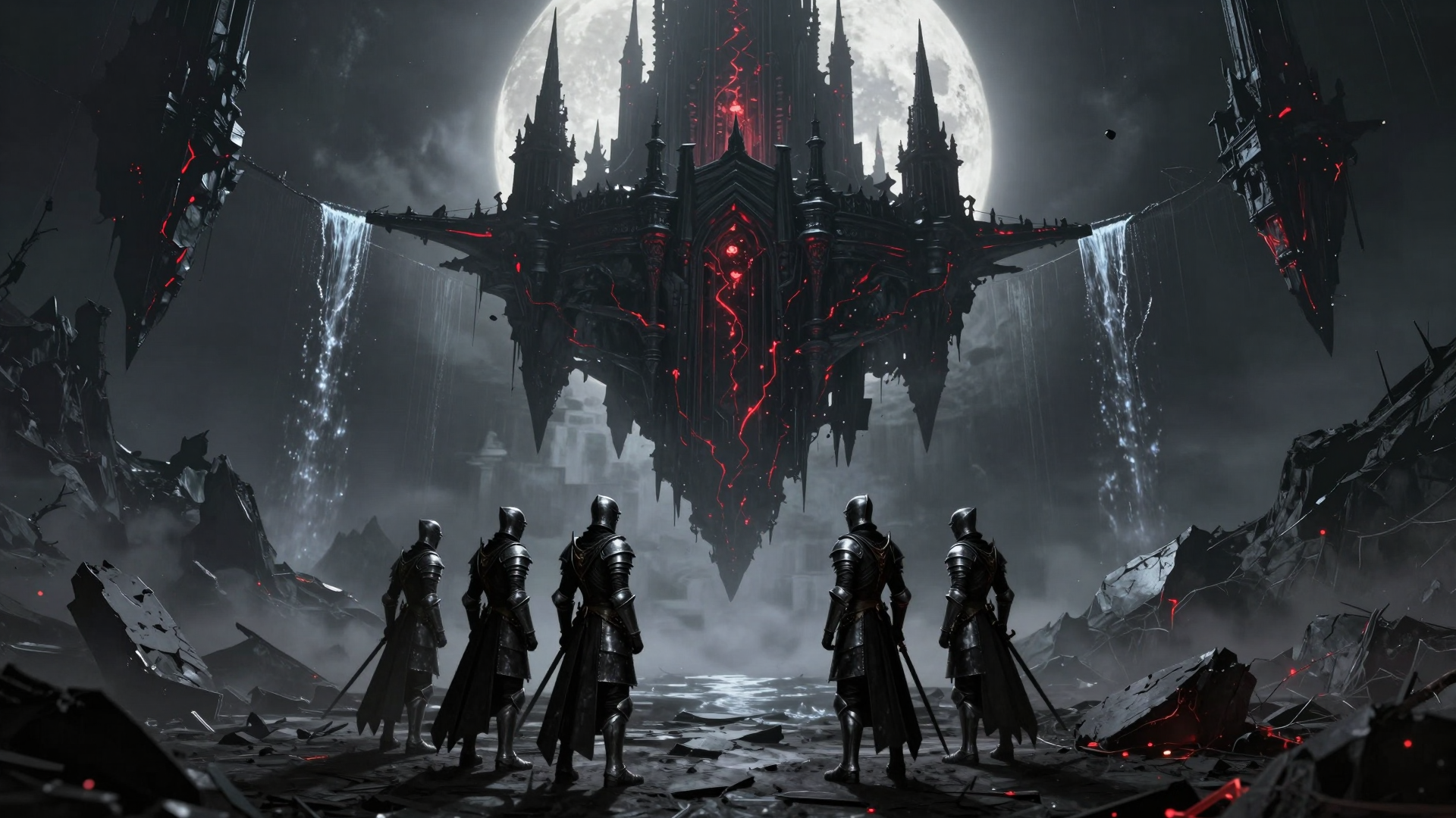 Dark Gothic Fortress Floating Beneath a Full Moon with Armored Warriors
