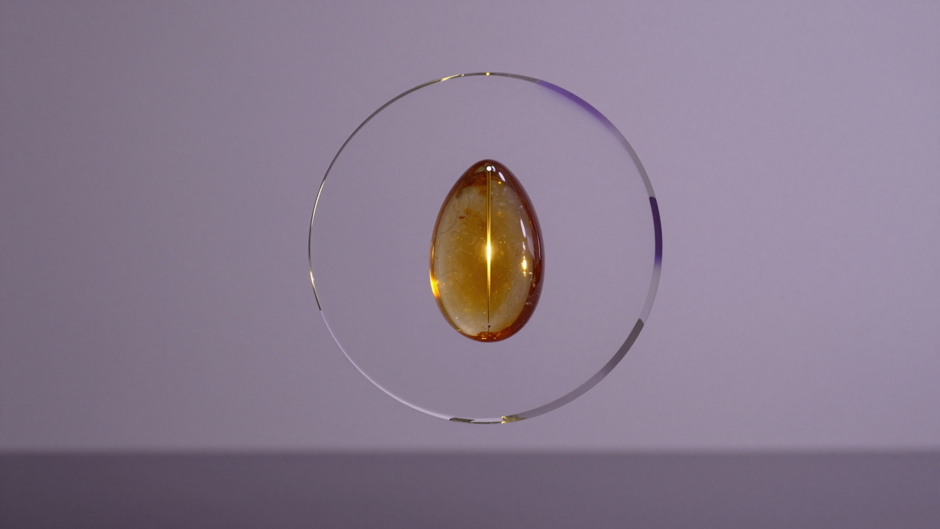 Amber Glass Pendant Suspended Within a Circular Ring Against Lavender Wall