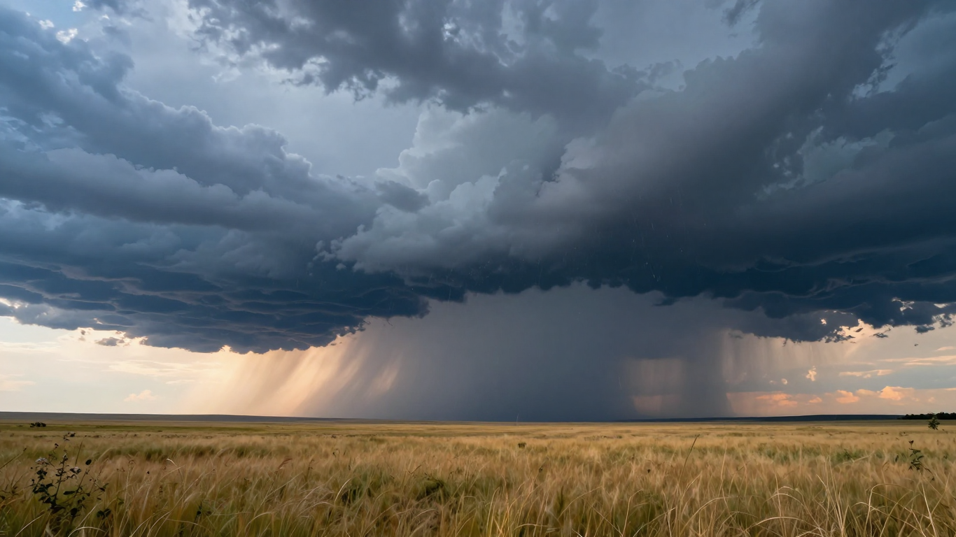 Dramatic Storm Clouds and Sunlight Over Golden Prairie Fields