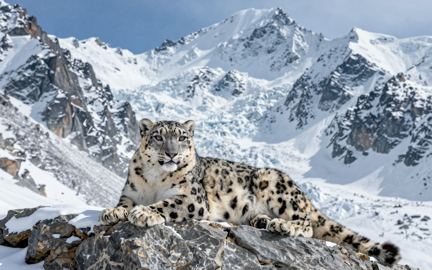 Snow Leopard Resting Among Snowy Mountain Peaks