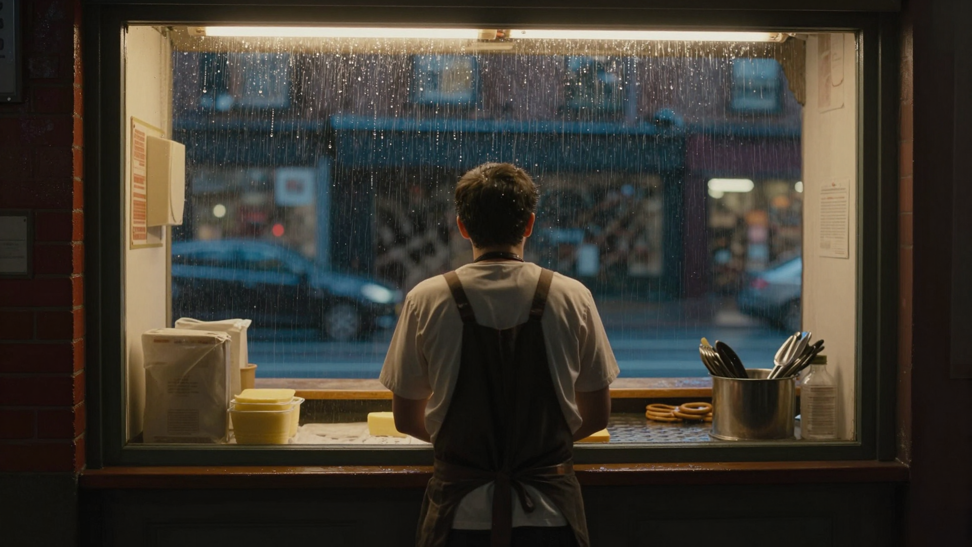 Cook Standing at a Street Food Window on a Rainy Evening