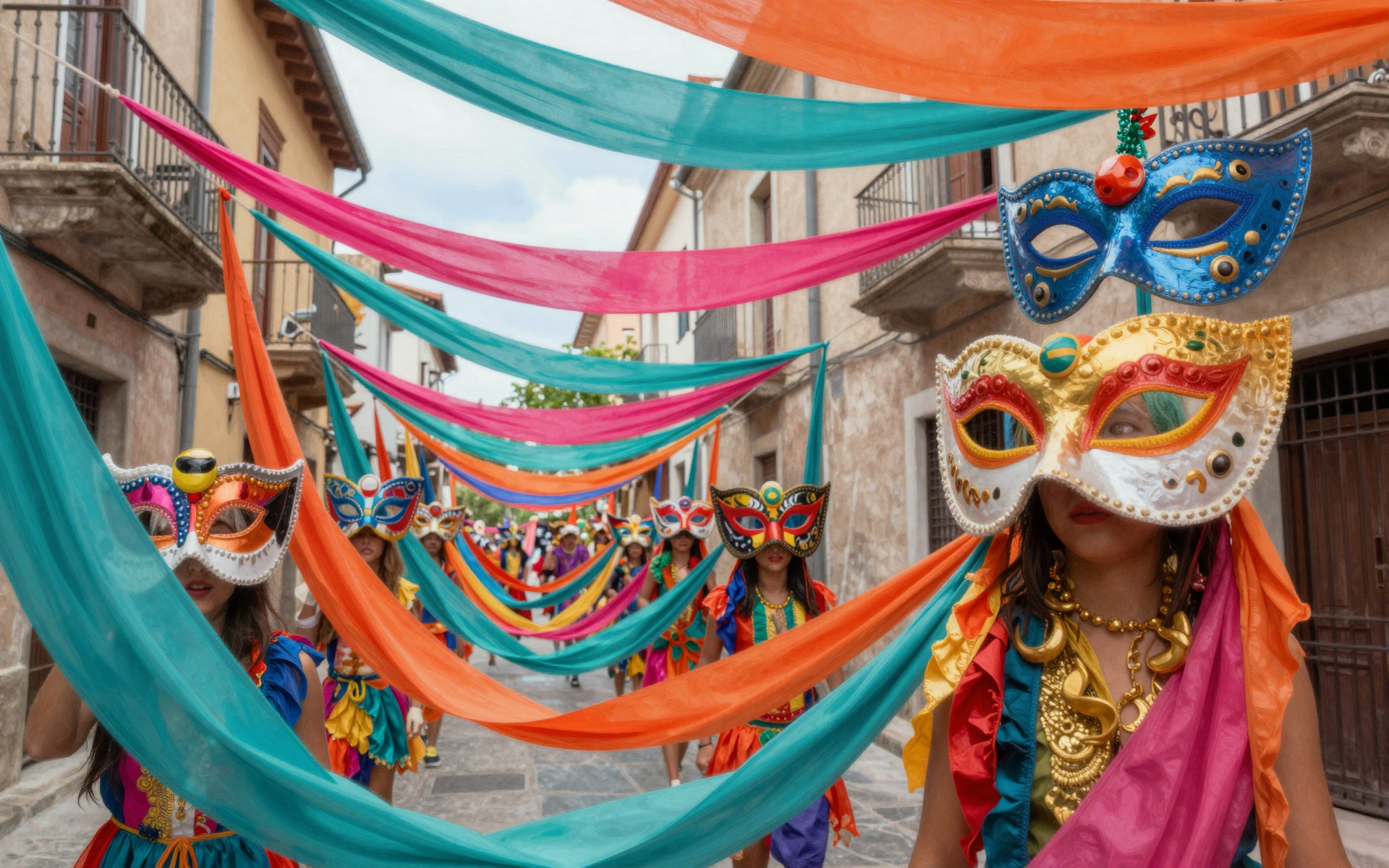 Colorful Carnival Masks and Draped Fabrics in an Old European Street