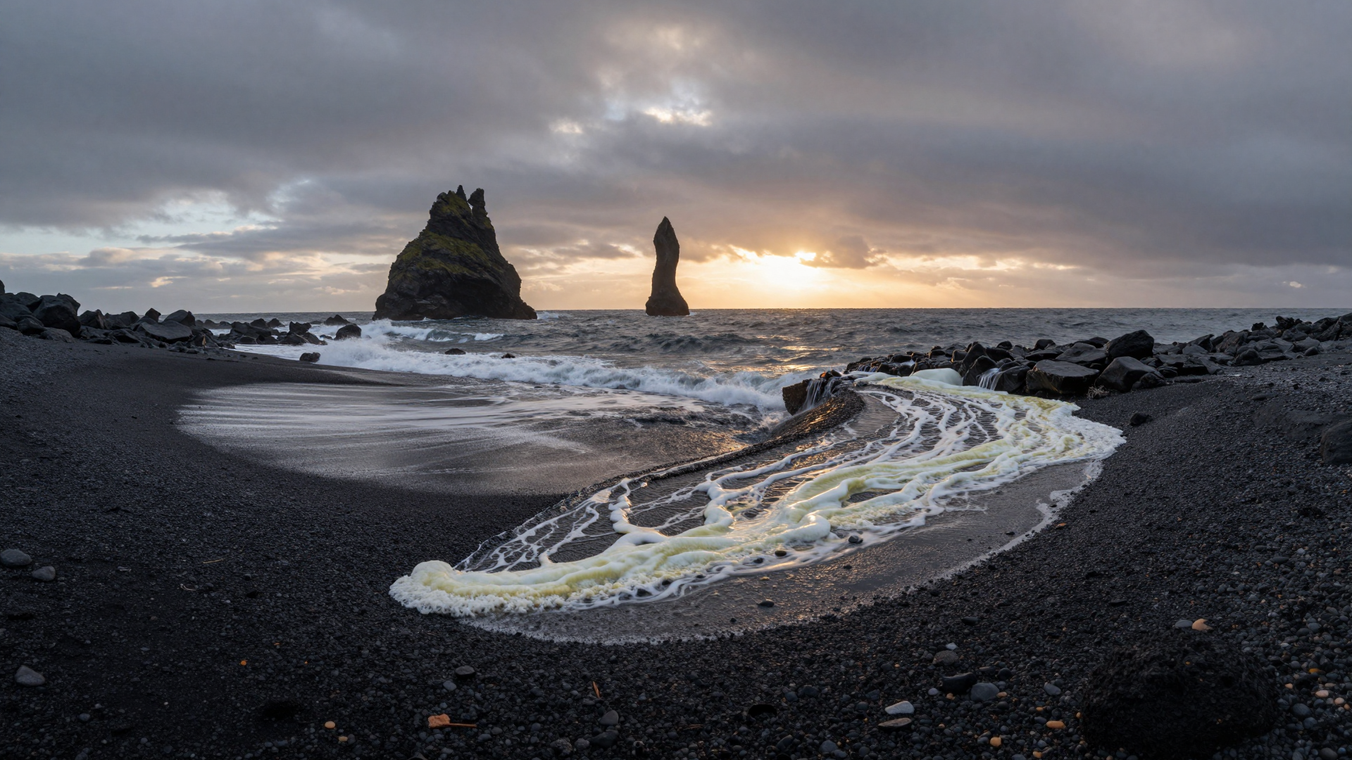 Dramatic Sunset Seascape with Black Sand Beach and Sea Stacks