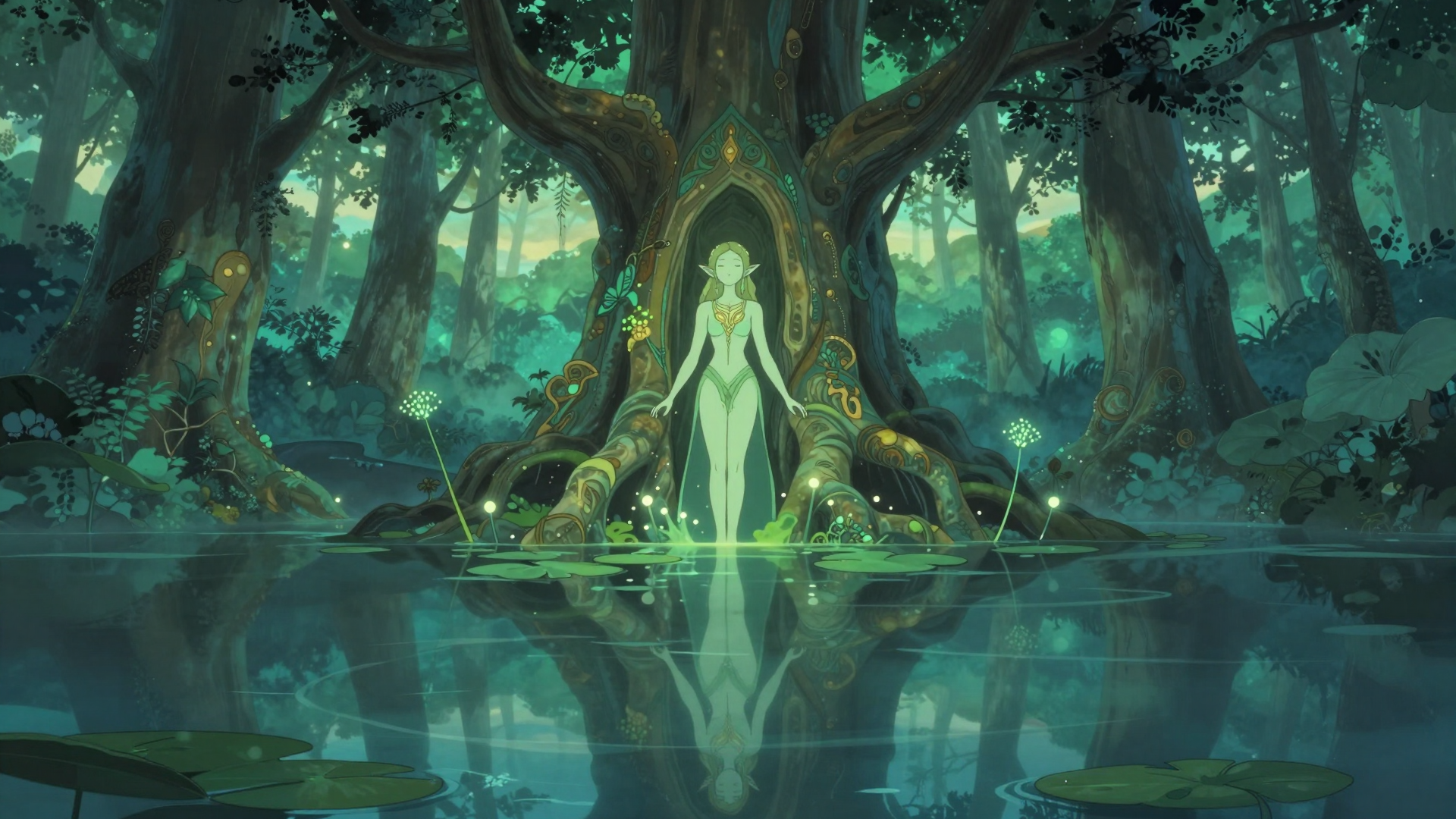 Enchanted Forest Spirit Emerging from a Reflective Woodland Pond