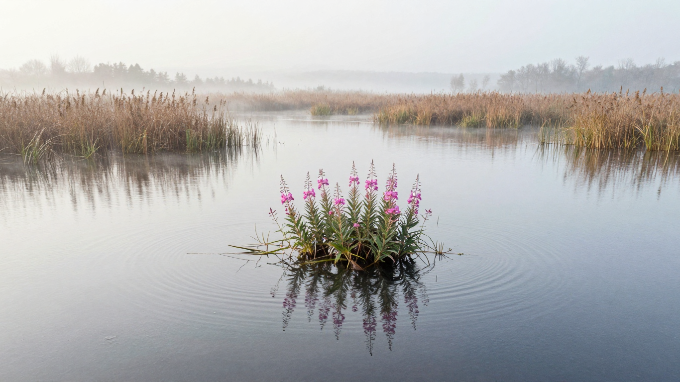 Misty Wetland Pond with Blooming Pink Wildflowers and Reeds
