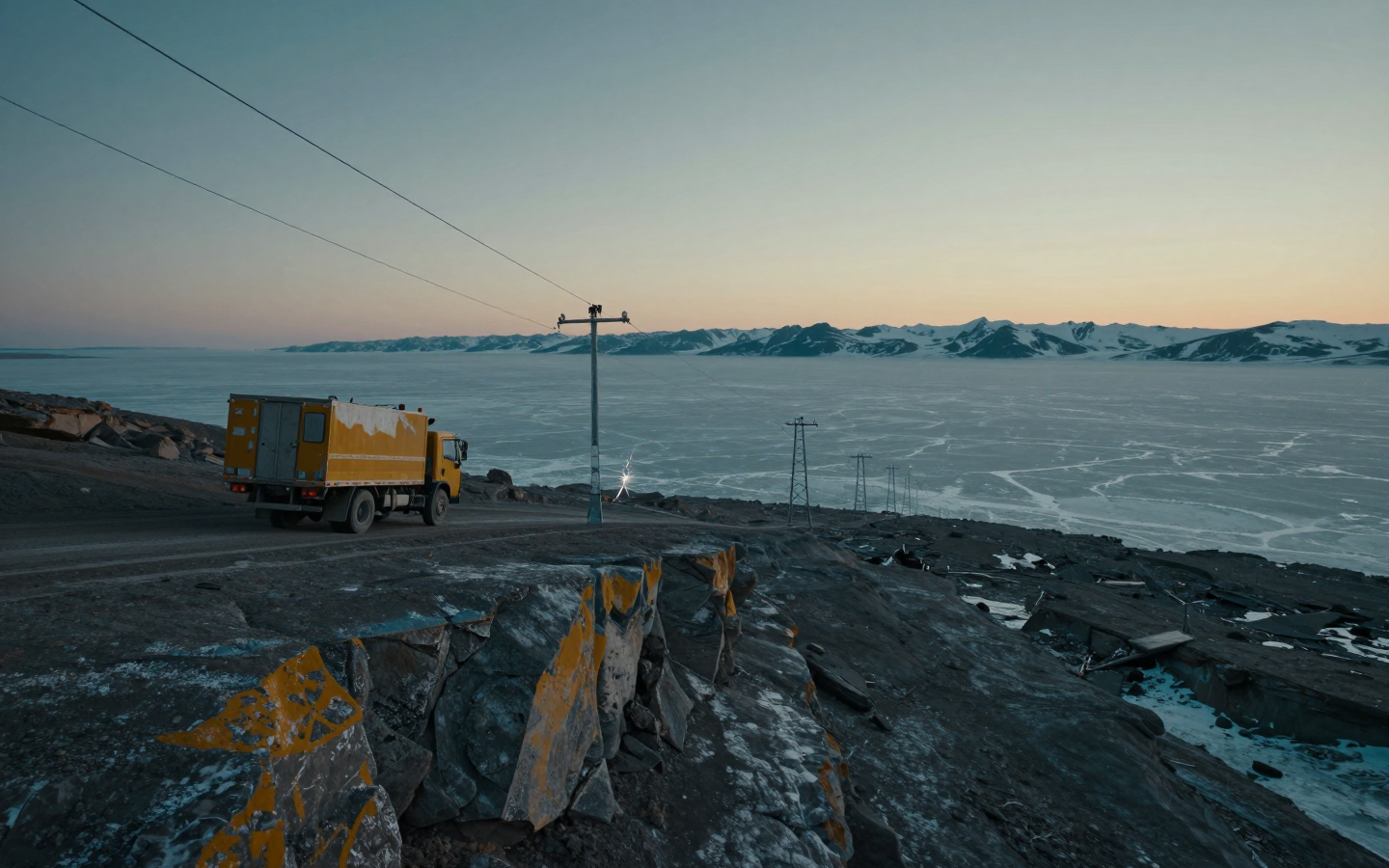 Yellow Truck on a Frozen Coastal Road at Sunset