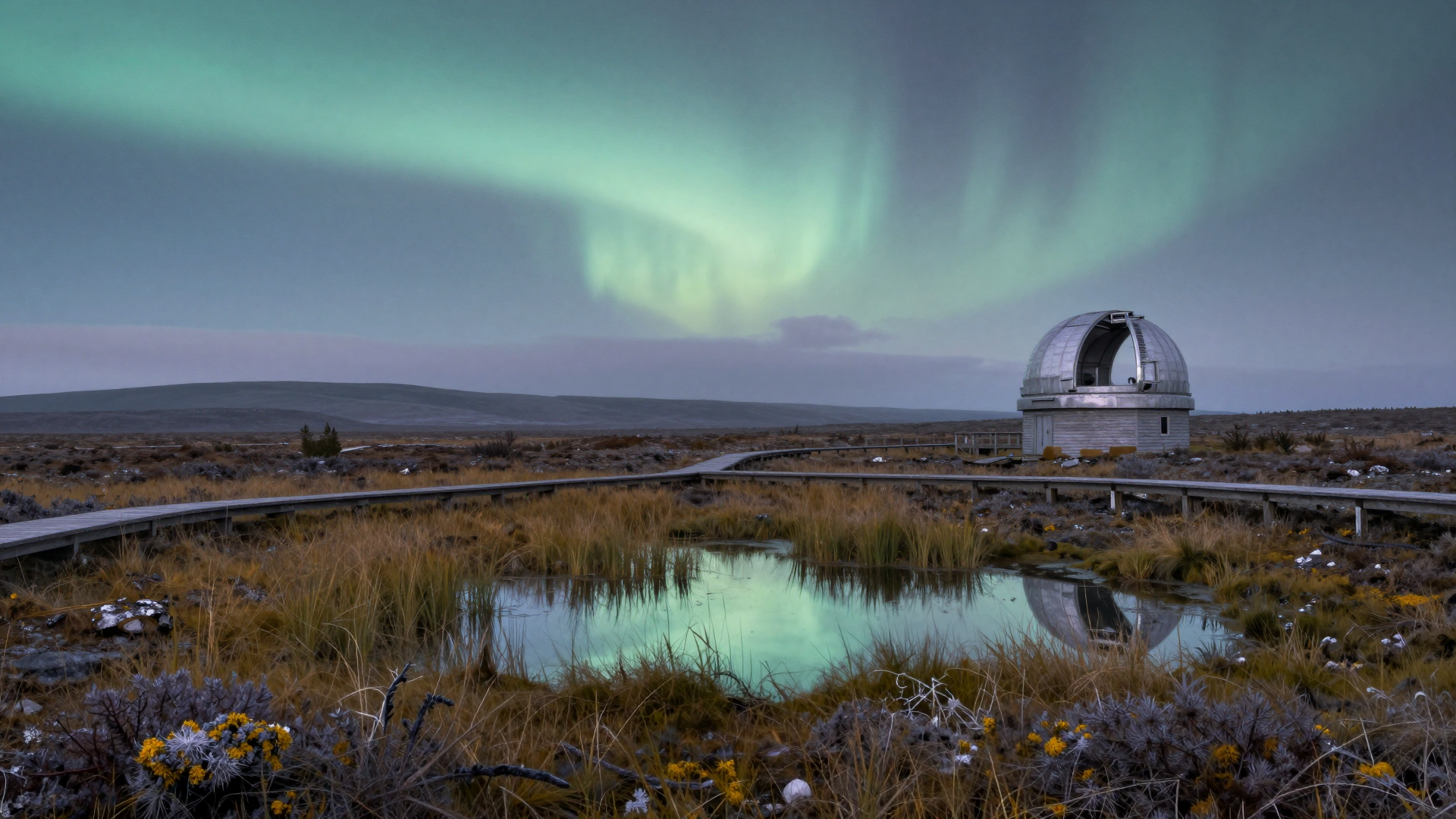 Northern Lights Over Remote Observatory and Reflective Moorland Pond