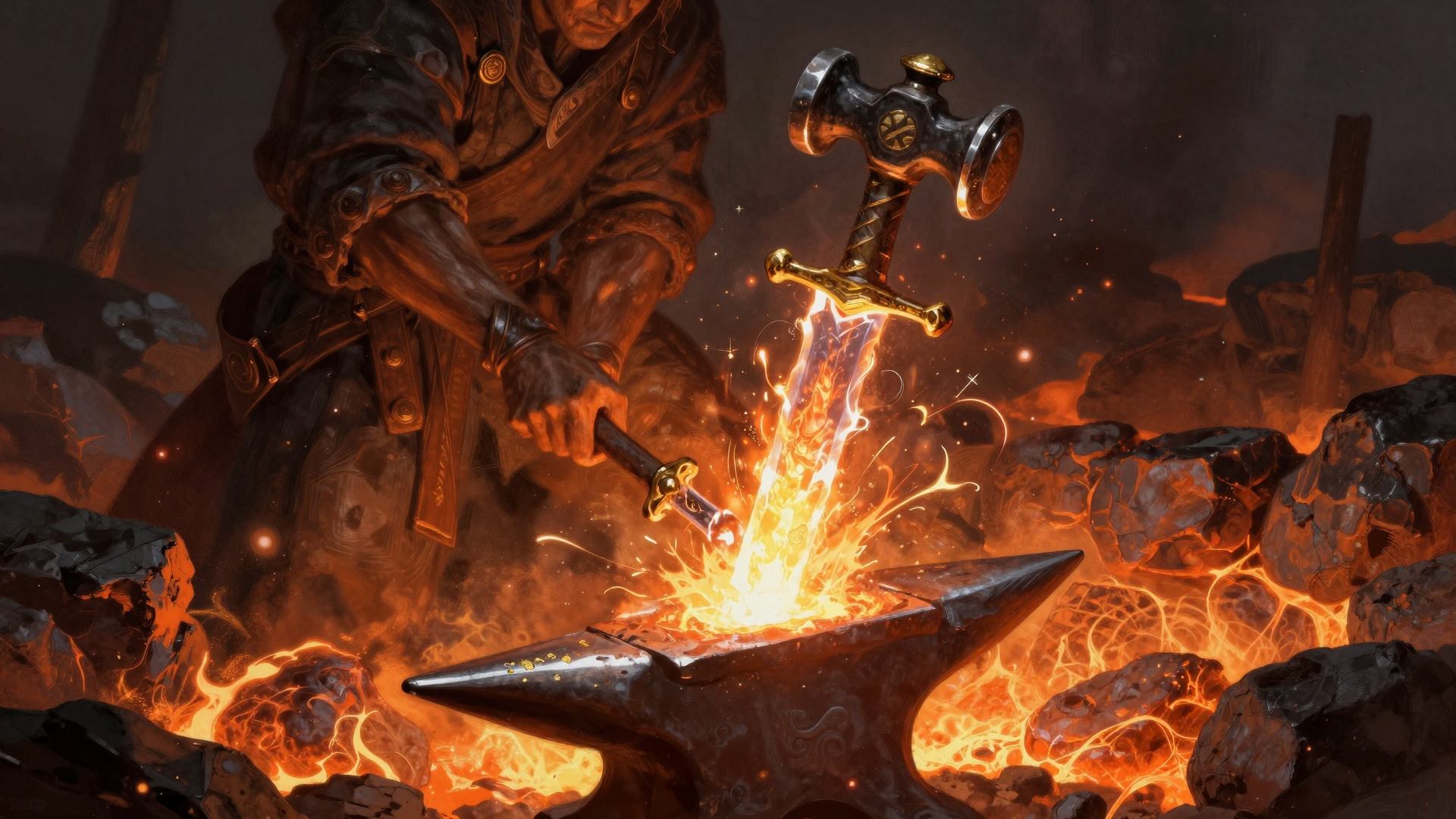 Fantasy Blacksmith Forging a Flaming Sword in Fiery Workshop