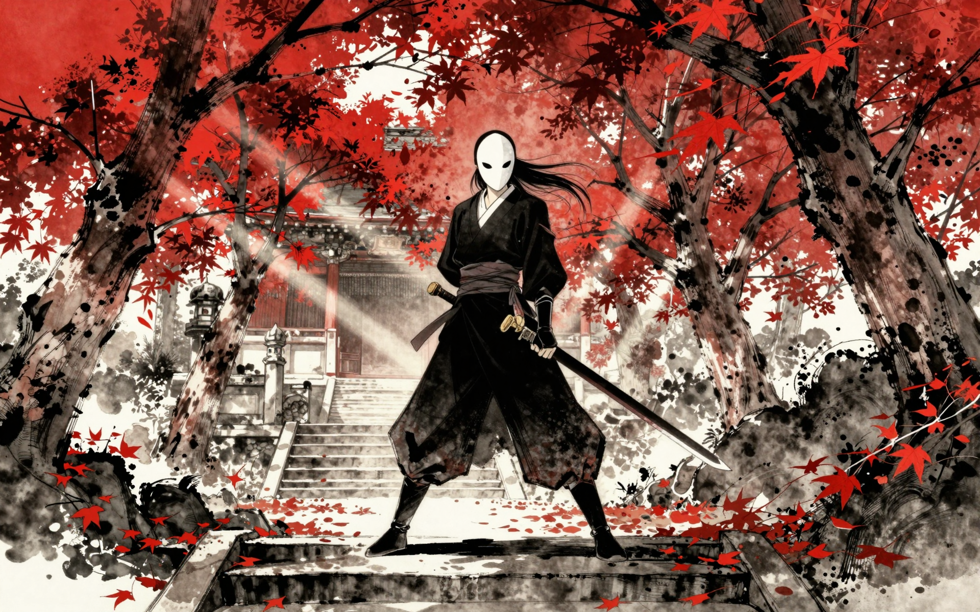 Masked Samurai Beneath Crimson Autumn Maple Trees at a Temple Shrine