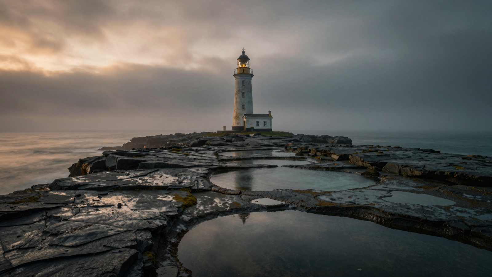 Lighthouse on Rocky Coastline Beneath Dramatic Storm Clouds