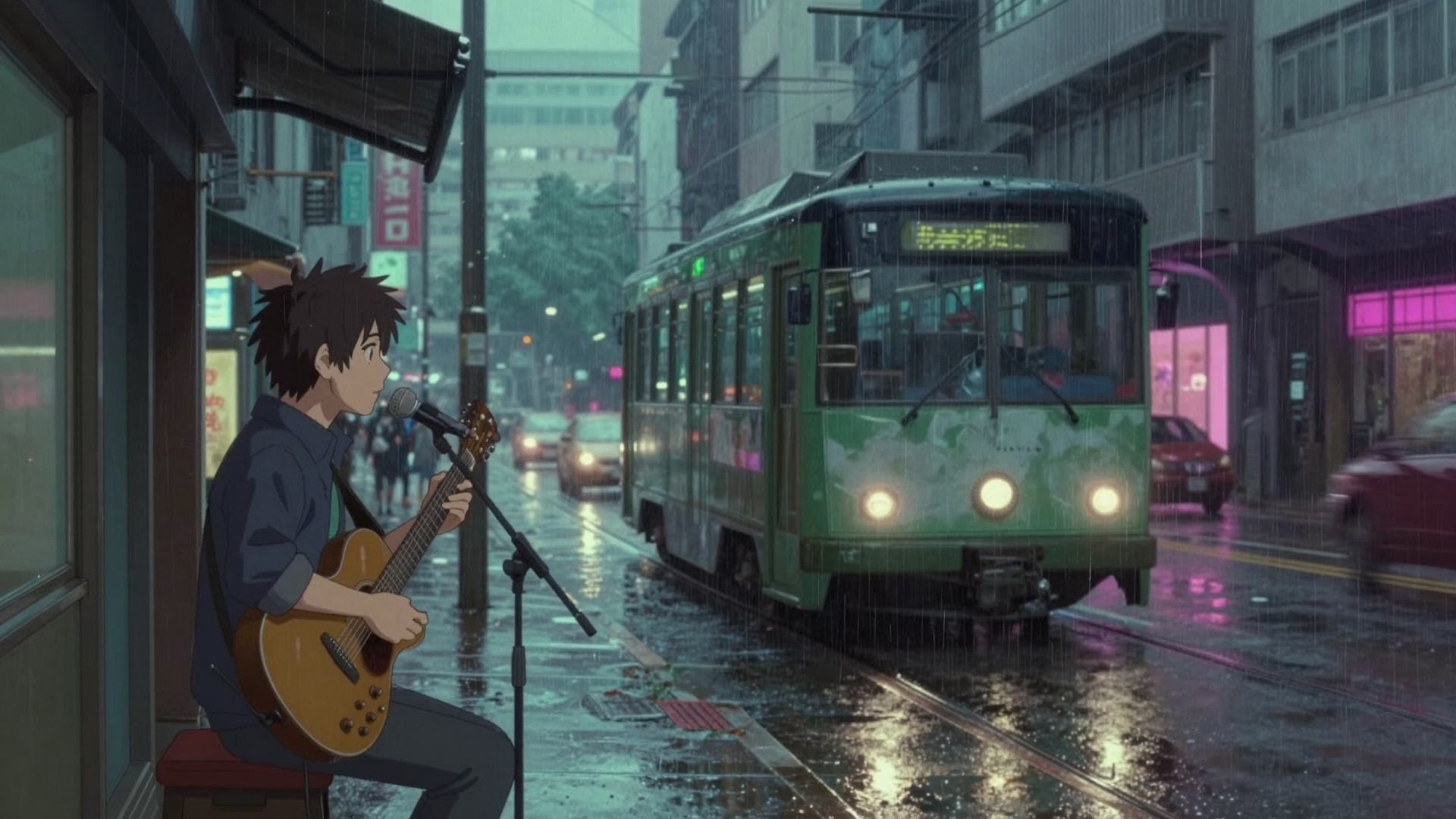 Street Musician Playing Guitar Beside a Rainy City Tram