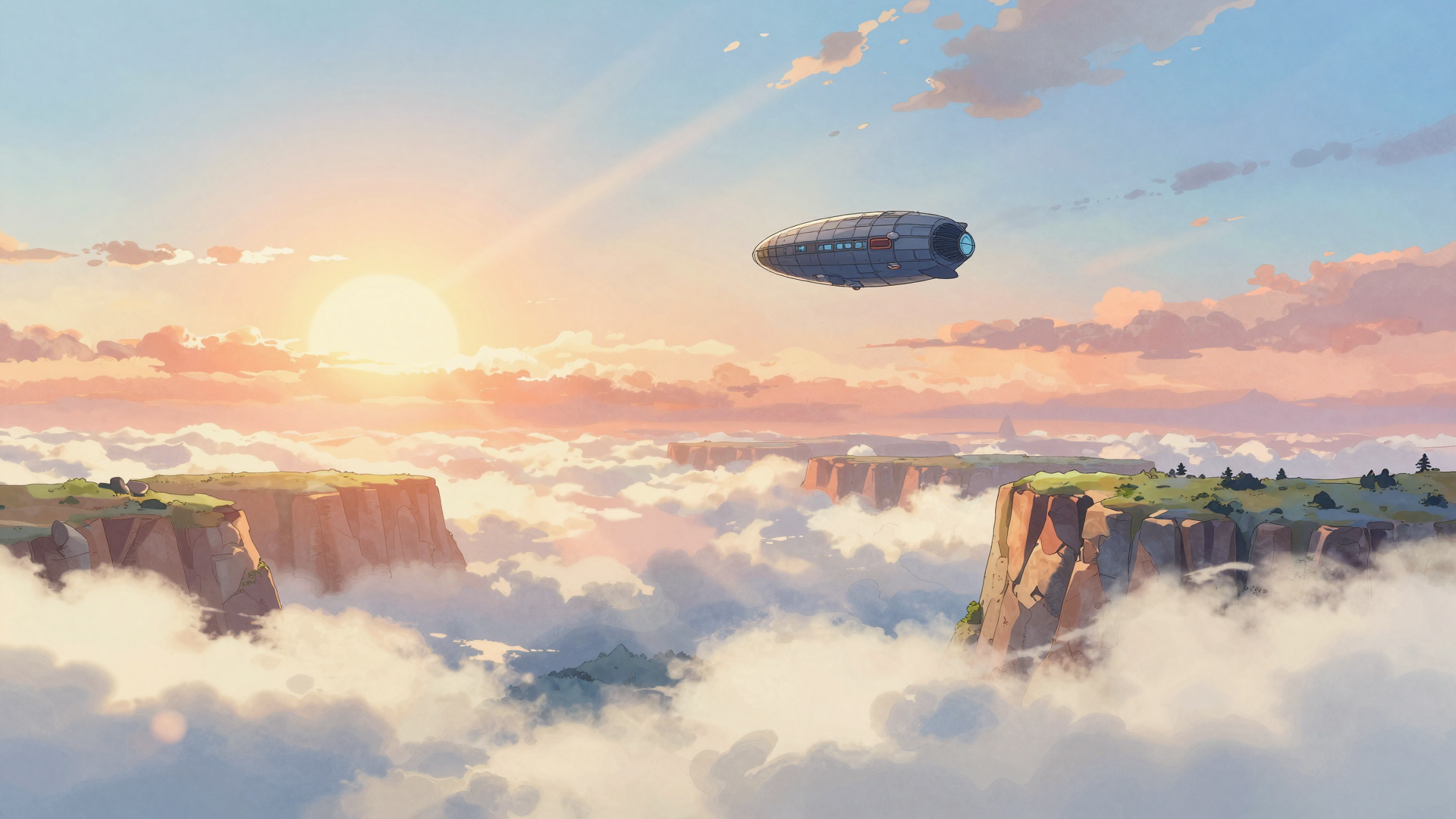 Airship Flying Above Cloud-Covered Cliffs at Sunset