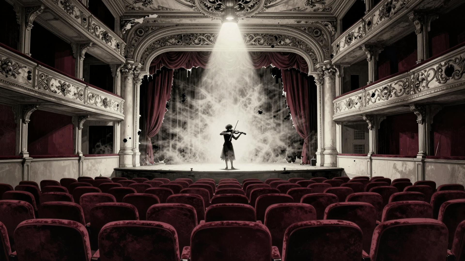 Violinist Performing Under Spotlight in Ornate Vintage Theater