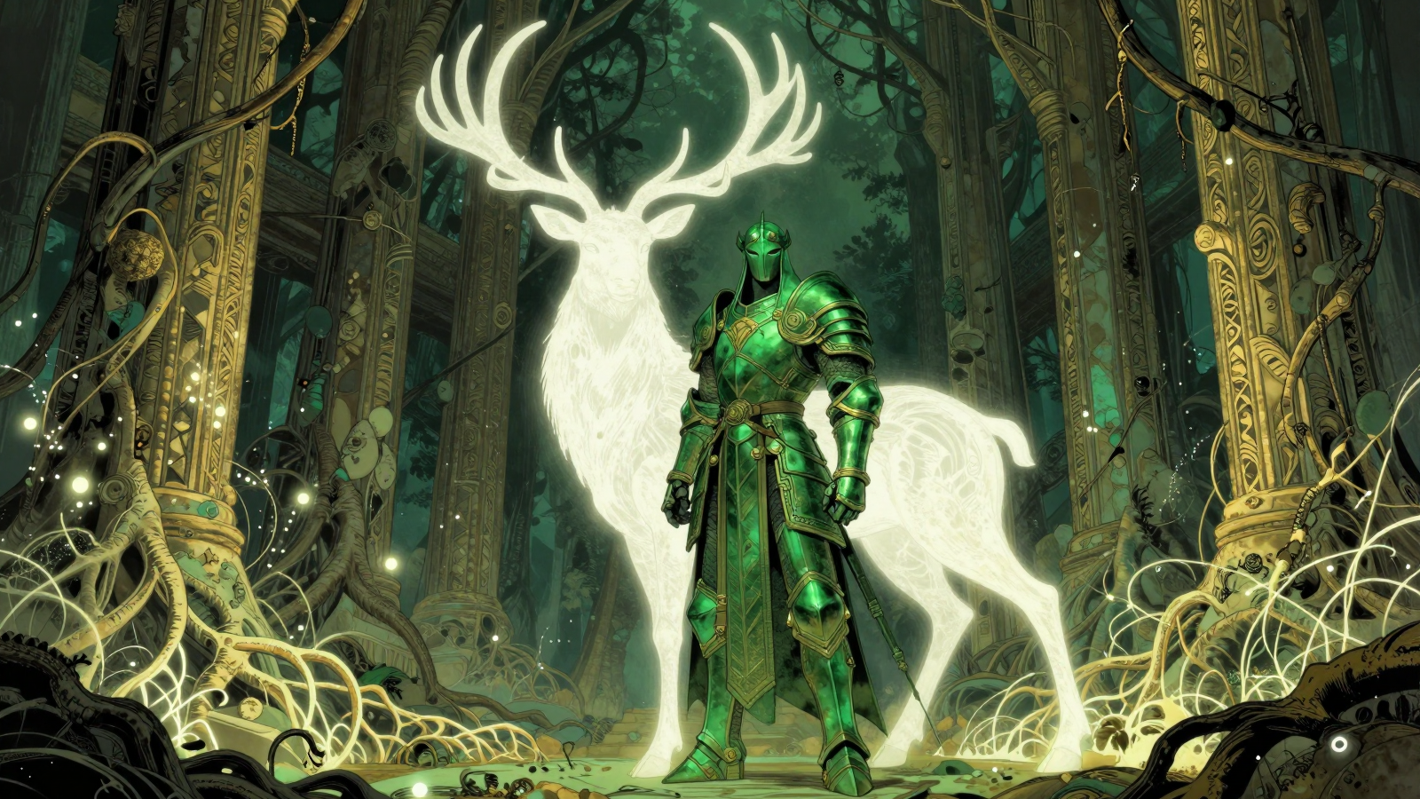 Green Armored Warrior with Glowing White Stag in Enchanted Forest