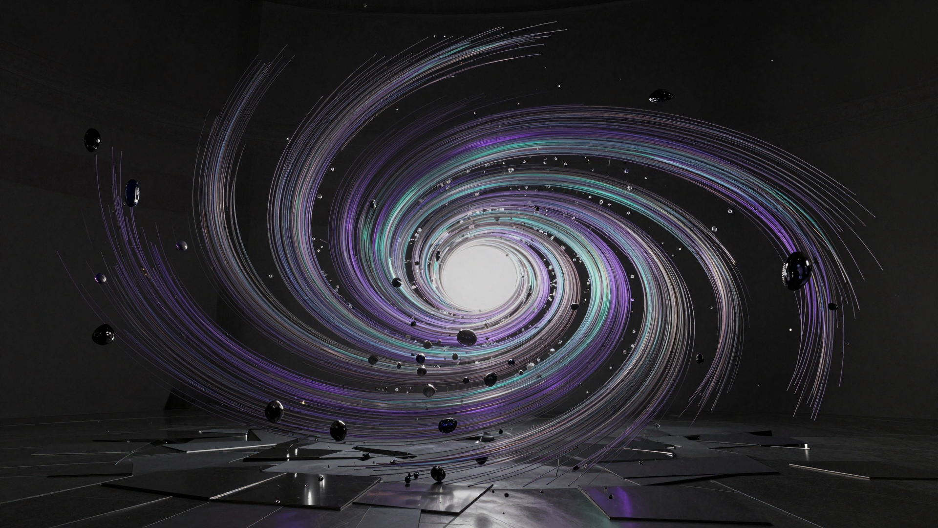 Abstract Purple and Silver Galactic Spiral with Floating Spheres