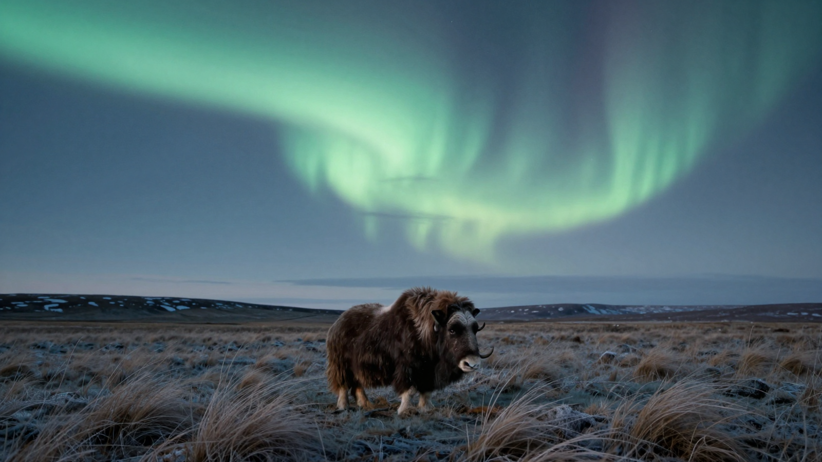 Musk Ox Beneath the Dancing Northern Lights on Arctic Tundra