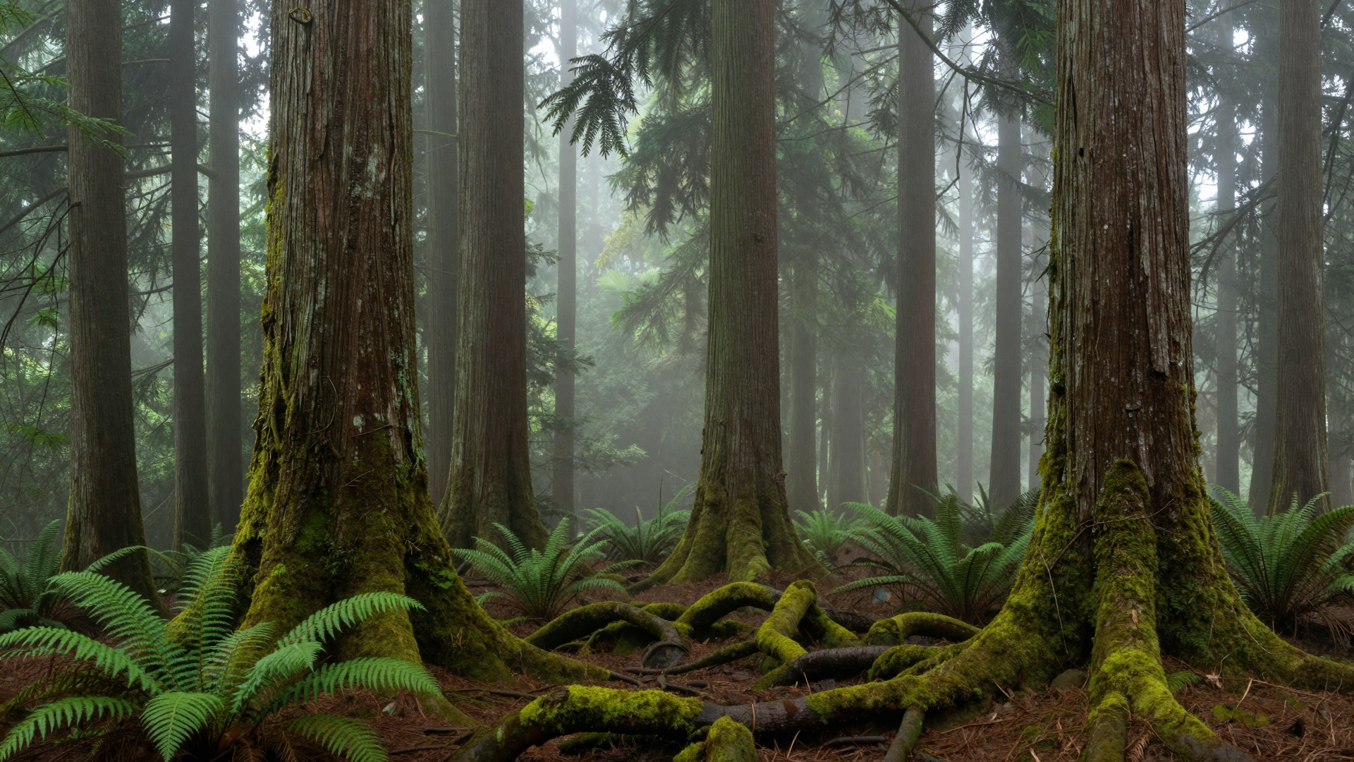 Misty Redwood Forest with Mossy Roots and Ferns