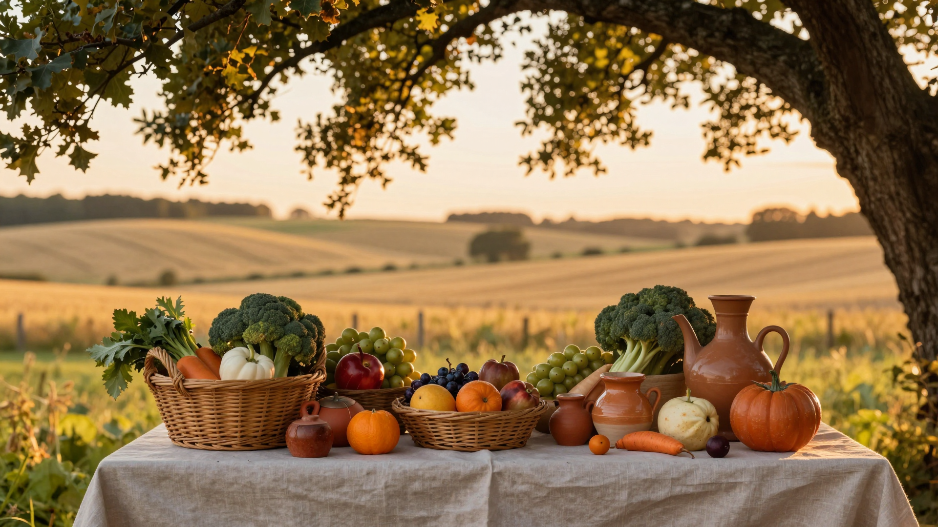 Rustic Harvest Table Beneath an Oak Tree in Golden Fields