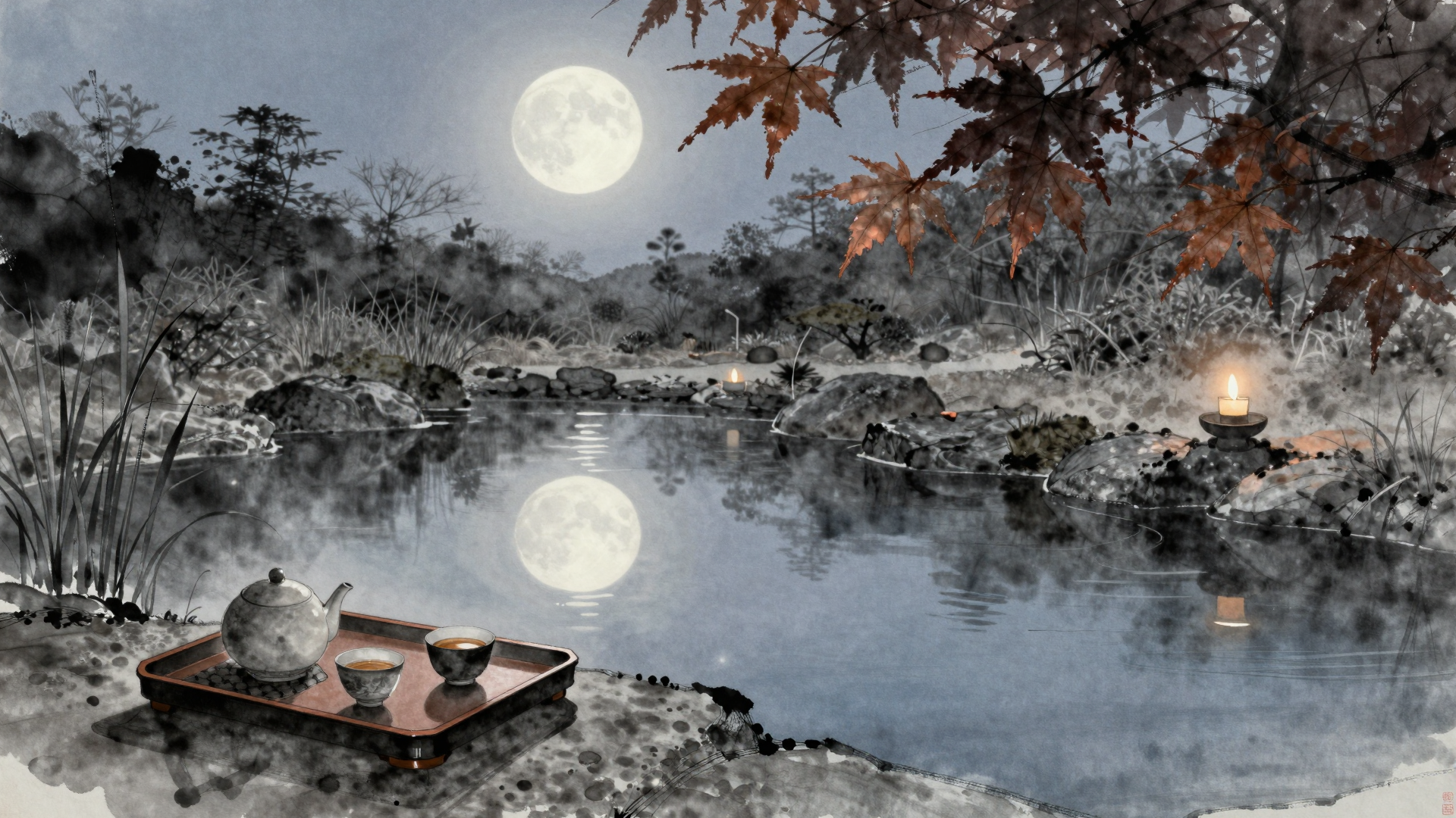 Moonlit Japanese Garden Pond with Tea and Candlelight
