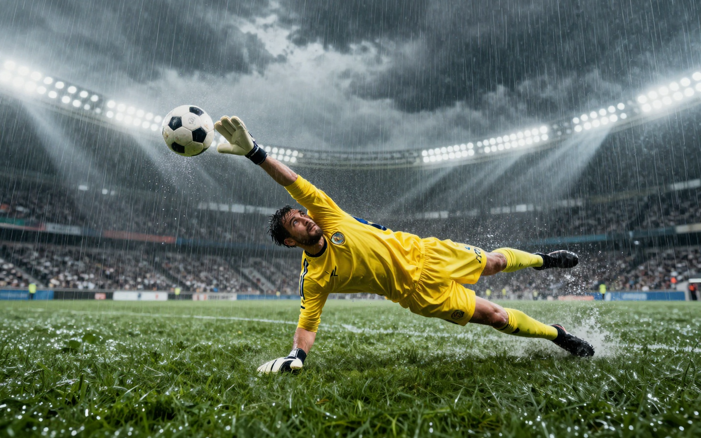 Goalkeeper Making a Dramatic Save in a Rainy Soccer Stadium