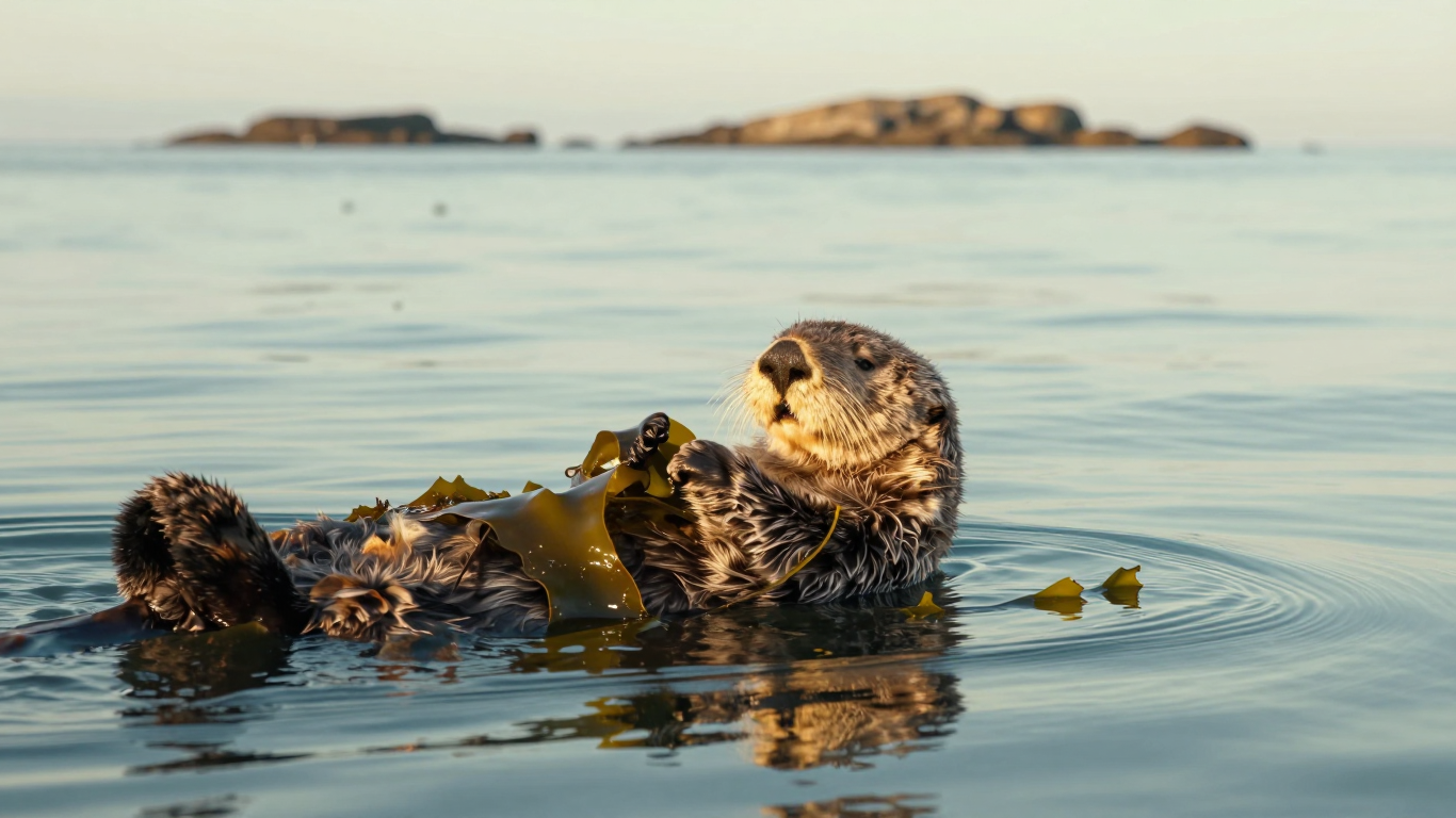Sea Otter Floating Among Kelp in Calm Coastal Waters
