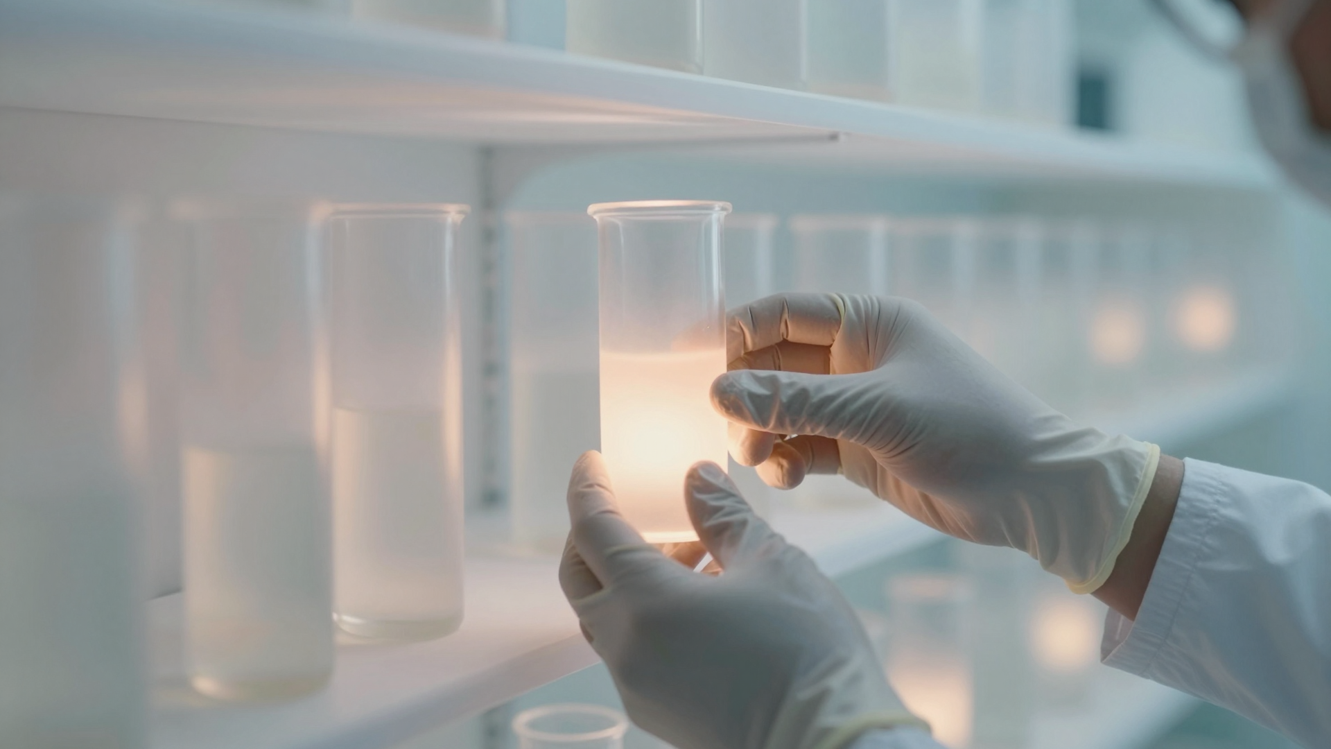 Gloved Scientist Examining a Test Tube in Laboratory Light