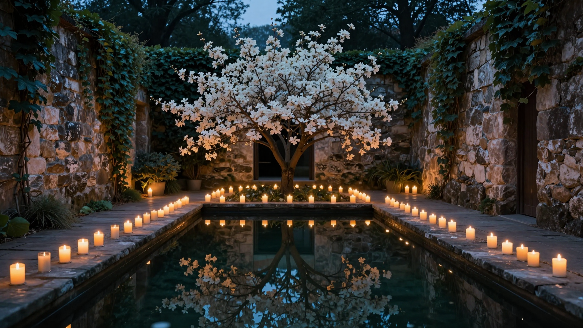 Candlelit Courtyard Pool with Blossoming Tree Reflection