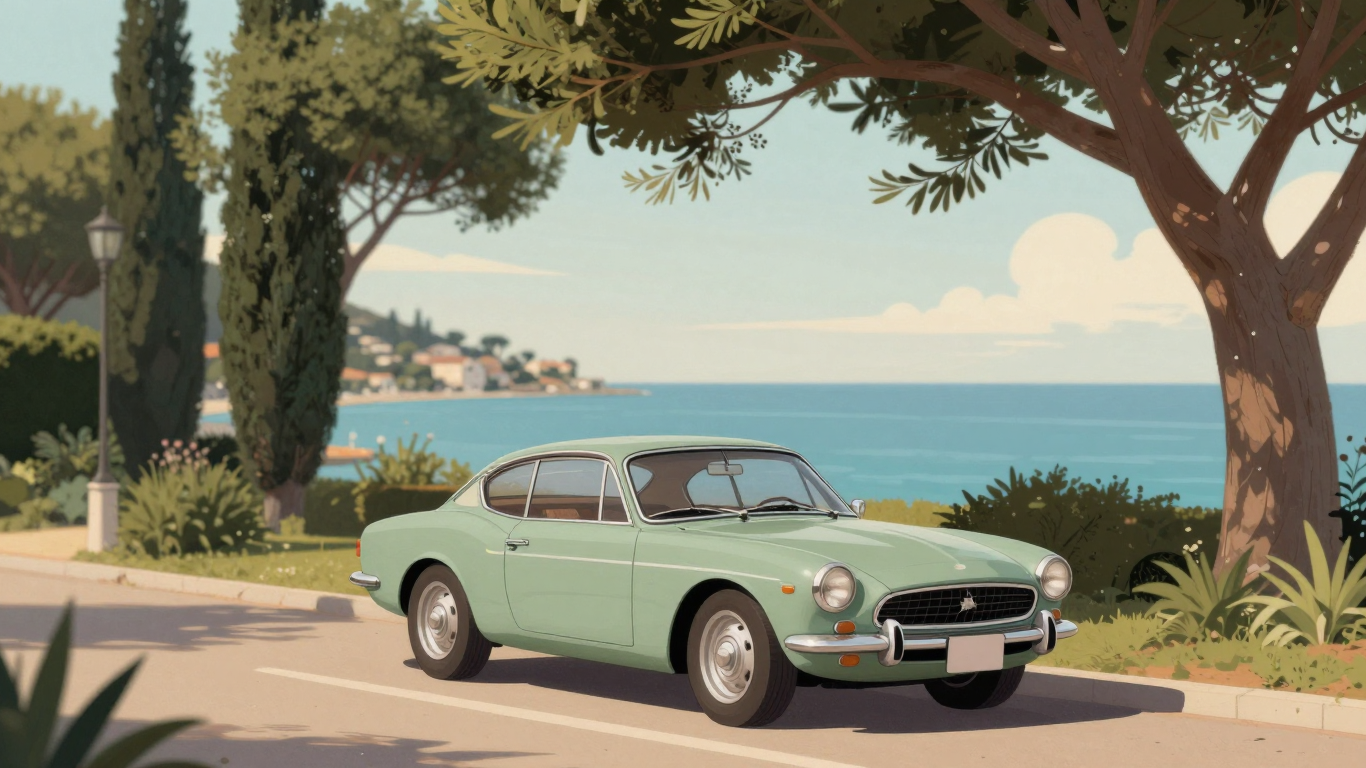 Vintage Green Classic Car by a Seaside Road Under Trees
