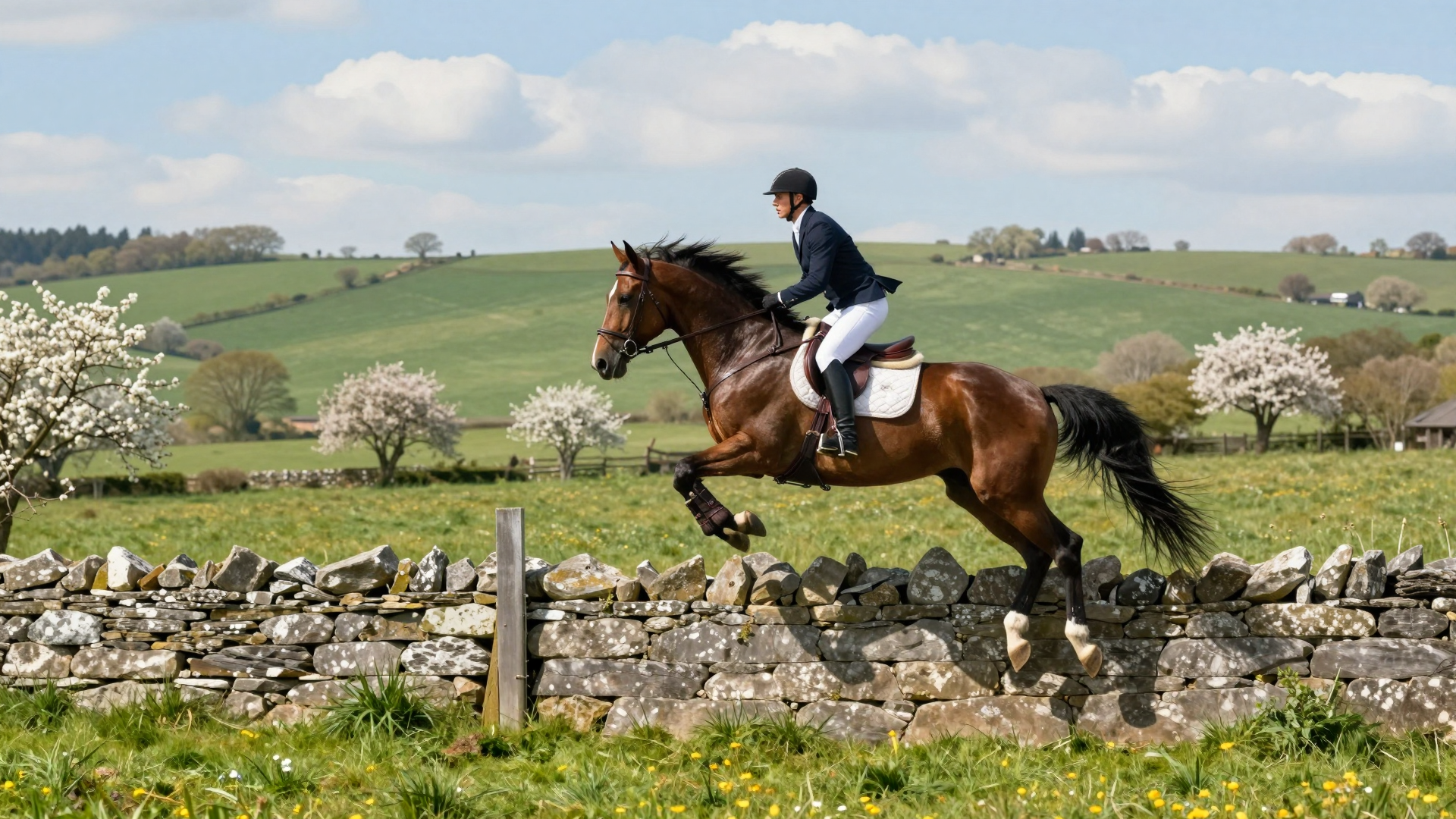 Equestrian Rider Jumping Horse Over Stone Wall in Countryside Meadow