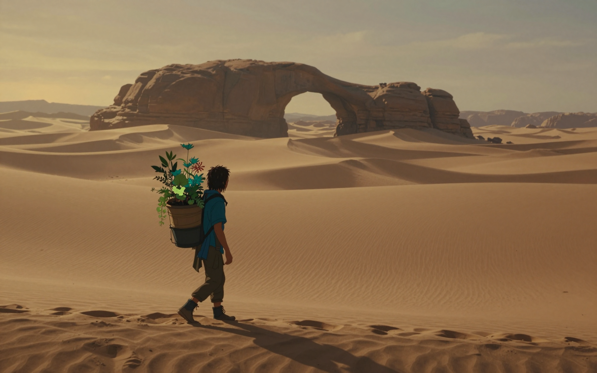 Lone Traveler Crossing Desert Sands Beneath a Natural Rock Arch