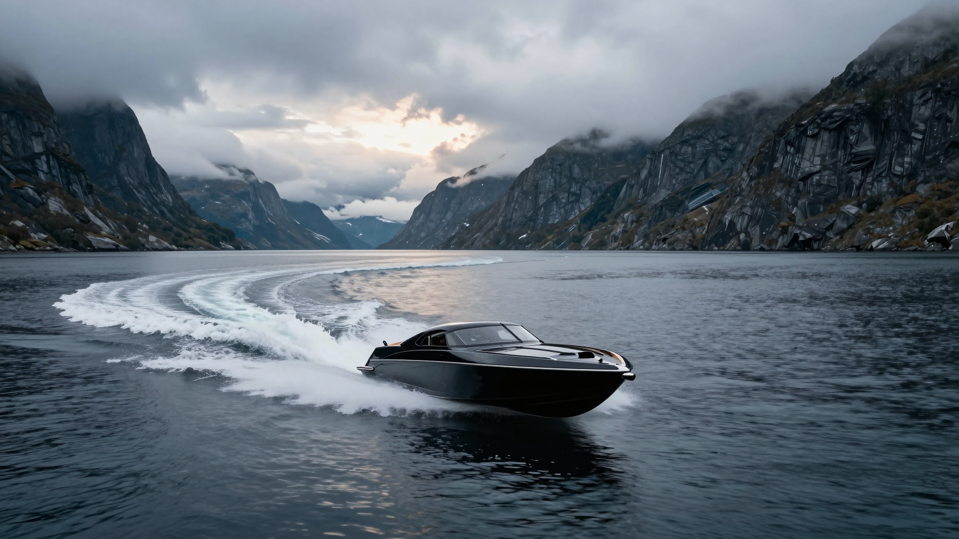 Sleek Speedboat Cruising Through a Misty Mountain Fjord