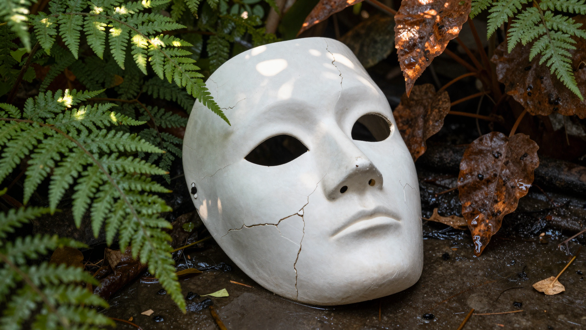 Cracked White Mask Surrounded by Fern Leaves and Forest Debris