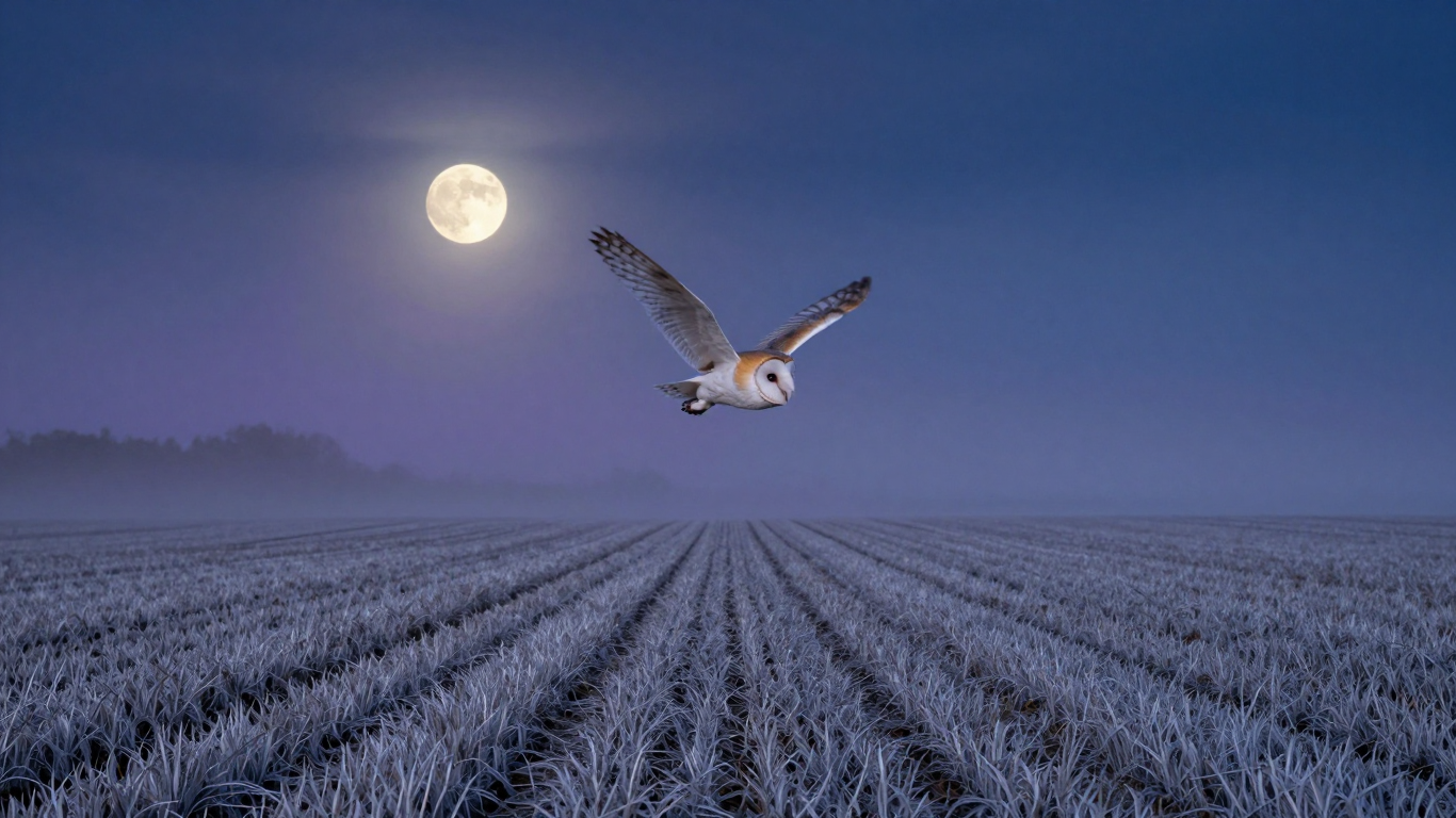 Barn Owl Flying Over Frosty Fields Under a Full Moon